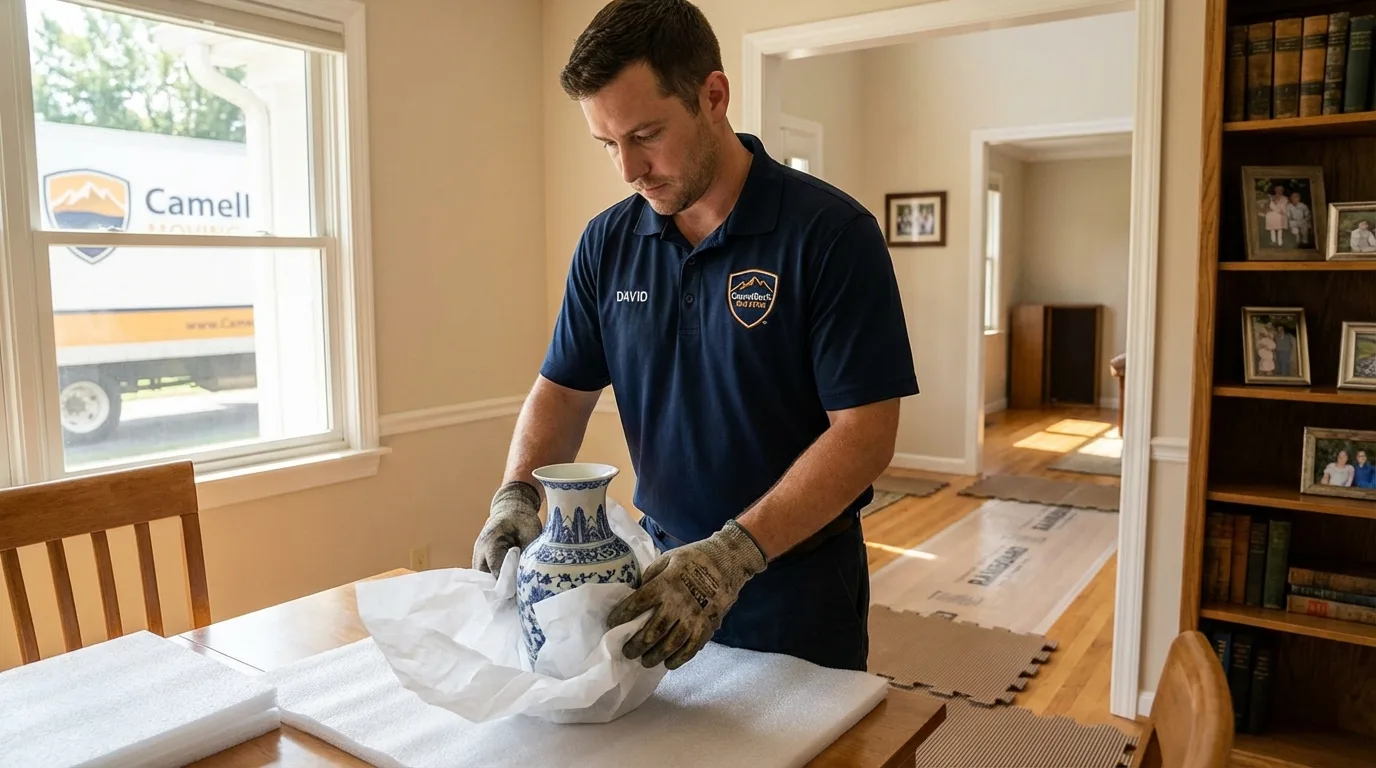 Professional crew carefully wrapping antique vase for senior downsizing move in Whitesburg, KY